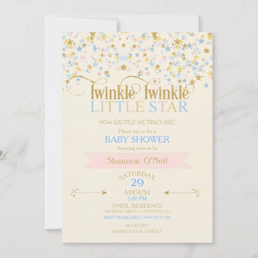 Invitation Twinkle Little Star Baby shower rose & bleu (Devant)