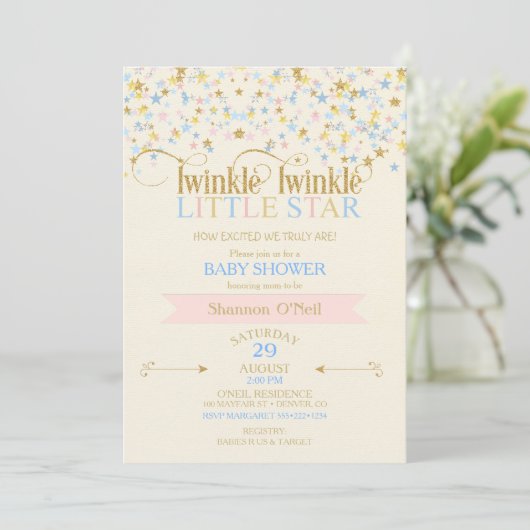 Invitation Twinkle Little Star Baby shower rose & bleu (Debout devant)