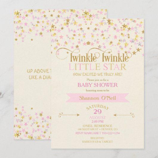 Invitation Twinkle Little Star Baby shower Rose Gold Creme (Devant / Derrière)