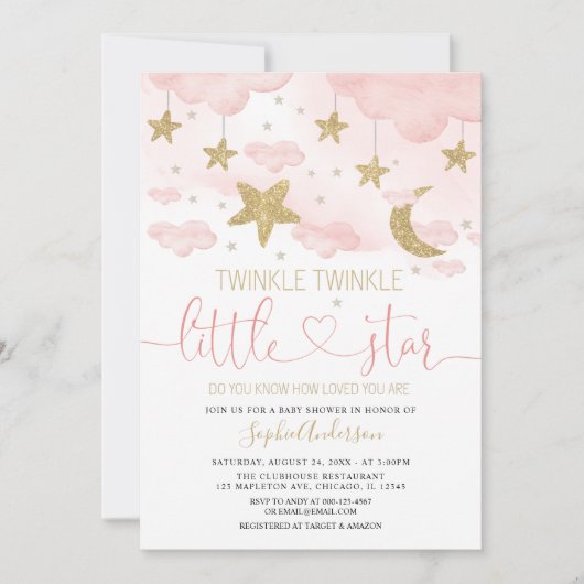 Invitation  Twinkle Little Star Baby shower rose or (Devant)
