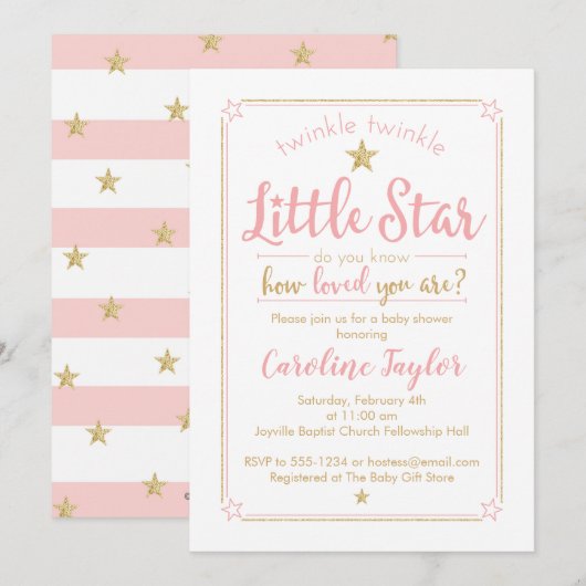 Invitation Twinkle Little Star Baby shower rose Or (Devant / Derrière)