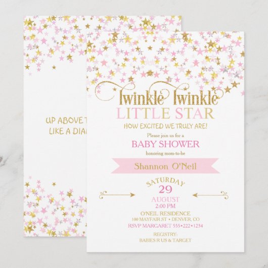 Invitation Twinkle Little Star Baby shower rose or (Devant / Derrière)