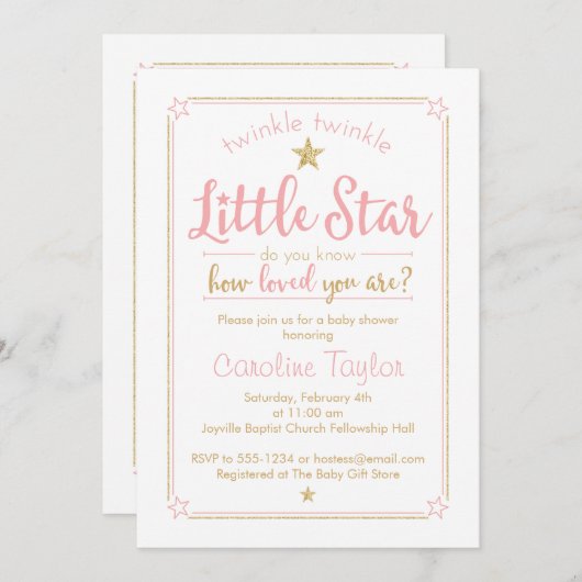Invitation Twinkle Little Star Baby shower rose Or (Devant / Derrière)