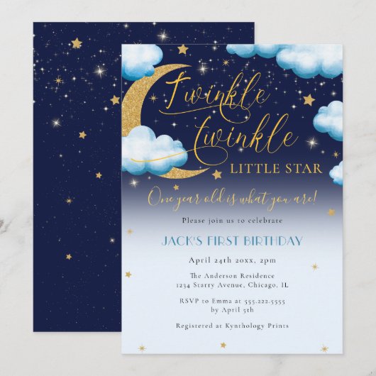 Invitation Twinkle Little Star Blue Boy Premier anniversaire (Devant / Derrière)