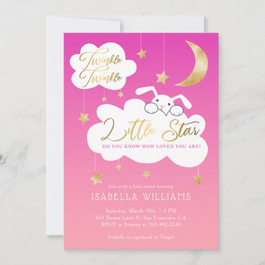 Invitation Twinkle Little Star Bunny Baby shower rose (Devant)