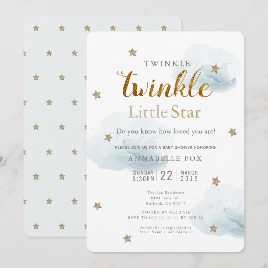 Invitation Twinkle Little Star & Cloud Baby shower (Devant / Derrière)