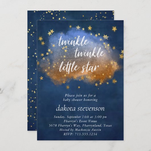 Invitation Twinkle Little Star | Cuivre bleu neutre et or (Devant / Derrière)