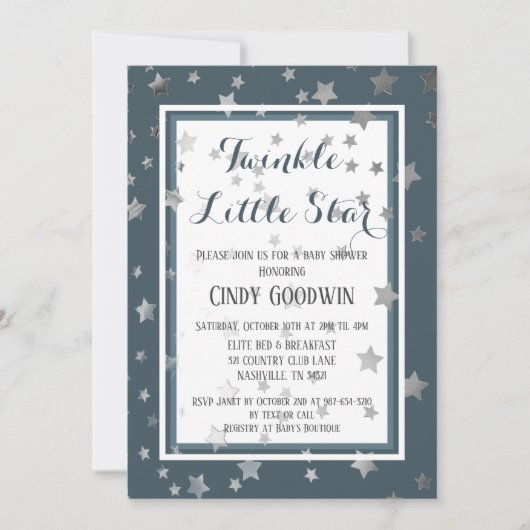 Invitation Twinkle Little Star Dusty Blue Boy Baby shower (Devant)
