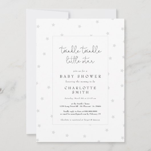Invitation Twinkle Little Star Elegant Baby shower Grey (Devant)