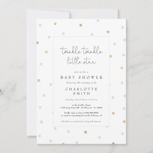 Invitation Twinkle Little Star Elegant Baby shower gris or (Devant)