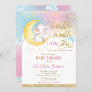 Invitation Twinkle Little Star Elephant Baby shower Girl
