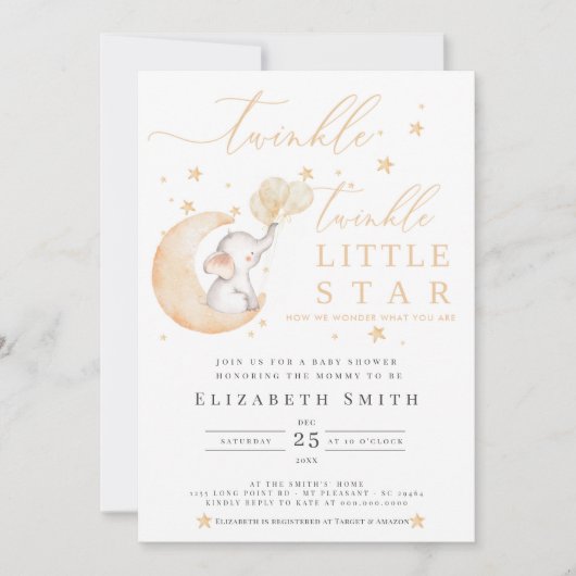 Invitation Twinkle Little Star Elephant Baby shower neutre (Devant)