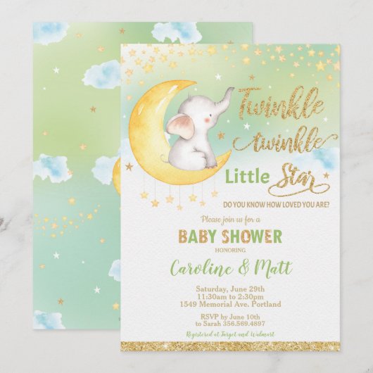 Invitation Twinkle Little Star Elephant Baby shower neutre (Devant / Derrière)