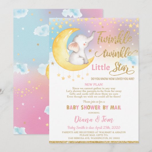 Invitation Twinkle Little Star Elephant Baby shower par courr (Devant / Derrière)