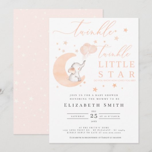 Invitation Twinkle Little Star Elephant Peach Baby shower (Devant / Derrière)