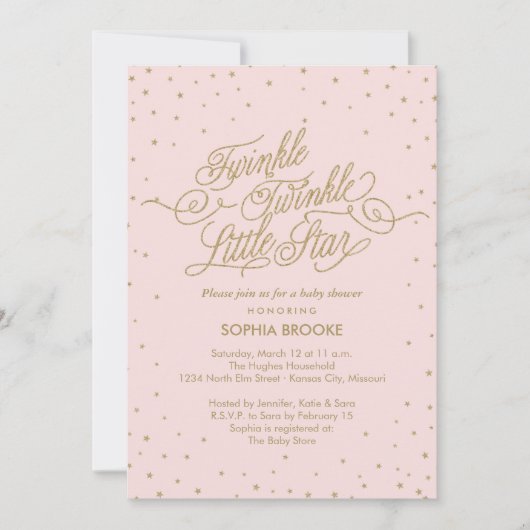 Invitation Twinkle Little Star Fancy Or et Rose Baby Shower (Devant)