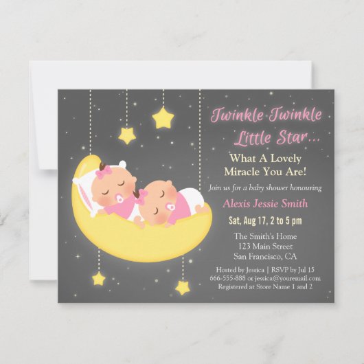 Invitation Twinkle Little Star Girl Twins Baby shower personn (Devant)