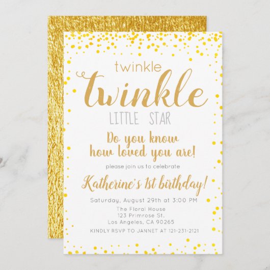 Invitation Twinkle Little Star Girls Gold Parties scintillant (Devant / Derrière)
