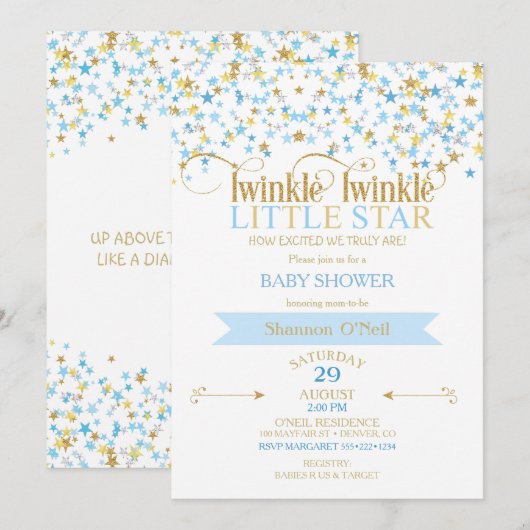 Invitation Twinkle Little Star Gold & Baby Blue (Devant / Derrière)