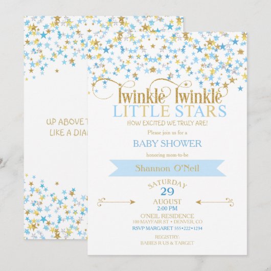 Invitation Twinkle Little Star Gold & Baby Blue Boy Twins (Devant / Derrière)