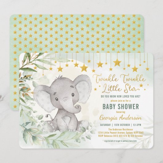 Invitation Twinkle Little Star Green Elephant Baby shower (Devant / Derrière)