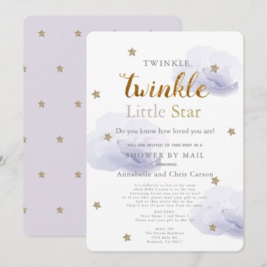 Invitation Twinkle Little Star Lavender Baby shower par courr (Devant / Derrière)