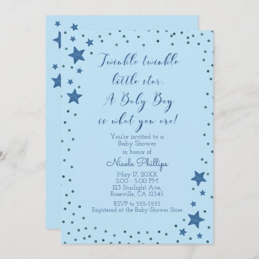 Invitation Twinkle Little Star Light Blue Boy Baby shower (Devant / Derrière)