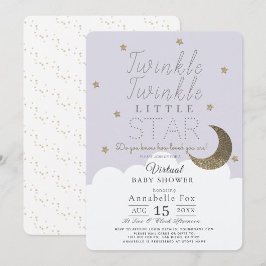 Invitation Twinkle Little Star Lilac Baby shower virtuel (Devant / Derrière)
