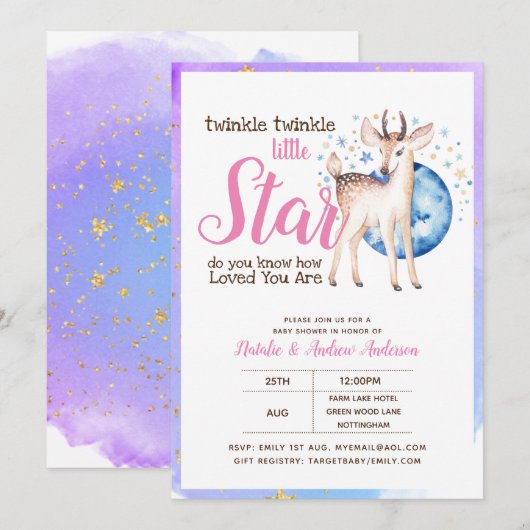 Invitation Twinkle Little Star Little Deer Pink Gold Modern (Devant / Derrière)