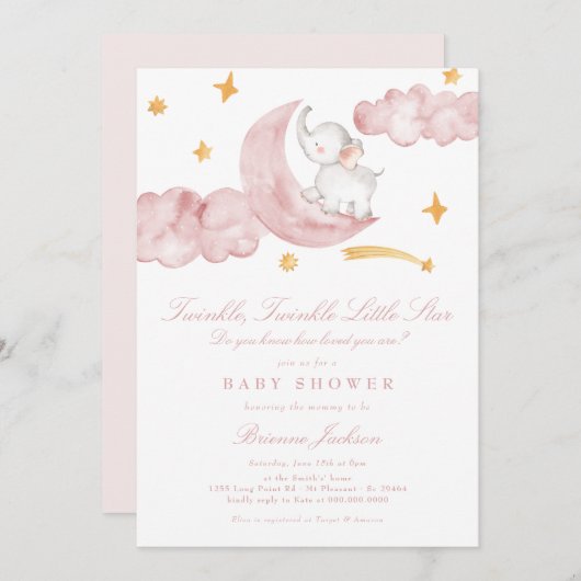 Invitation Twinkle Little Star Lune Baby shower fille rose (Devant / Derrière)