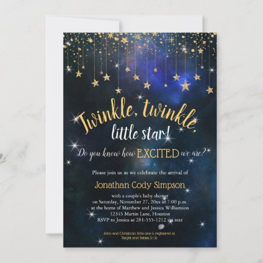 Invitation Twinkle Little Star Marine Baby shower Gold Galaxy (Devant)