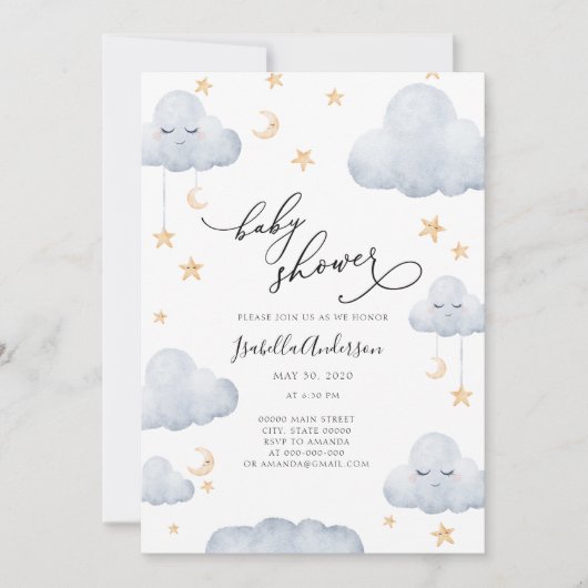 Invitation Twinkle Little Star Moon Baby shower bleu jaune (Devant)