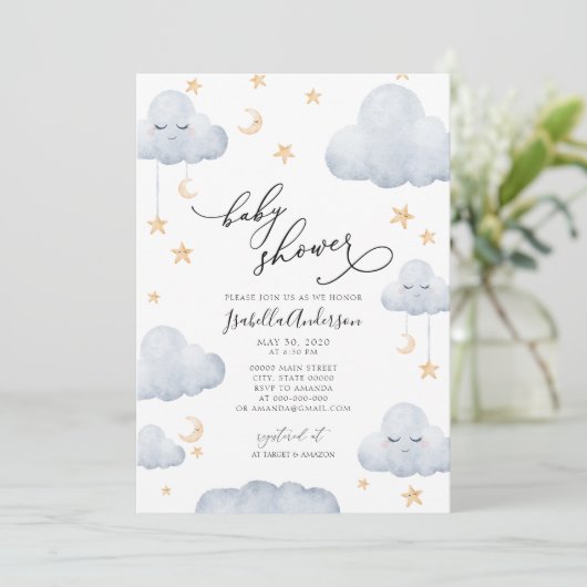 Invitation Twinkle Little Star Moon Baby shower bleu jaune (Debout devant)