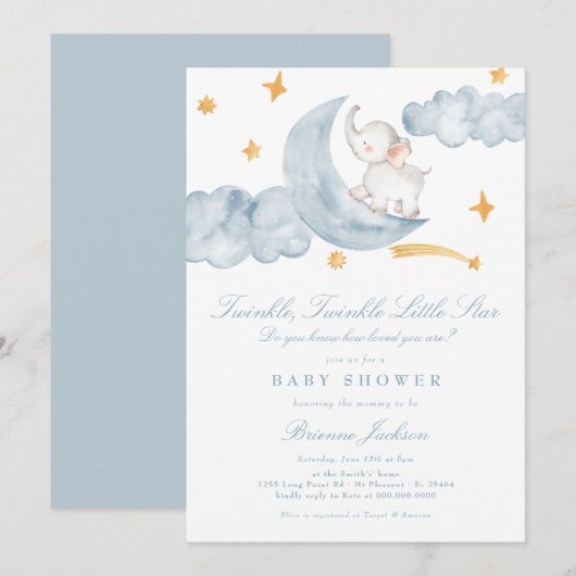 Invitation Twinkle Little Star Moon Blue Boy Baby shower (Devant / Derrière)