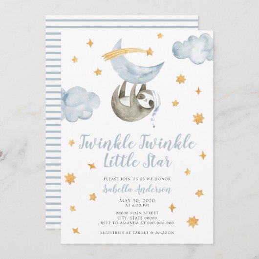 Invitation Twinkle Little Star Moon Blue Boy Baby shower (Devant / Derrière)