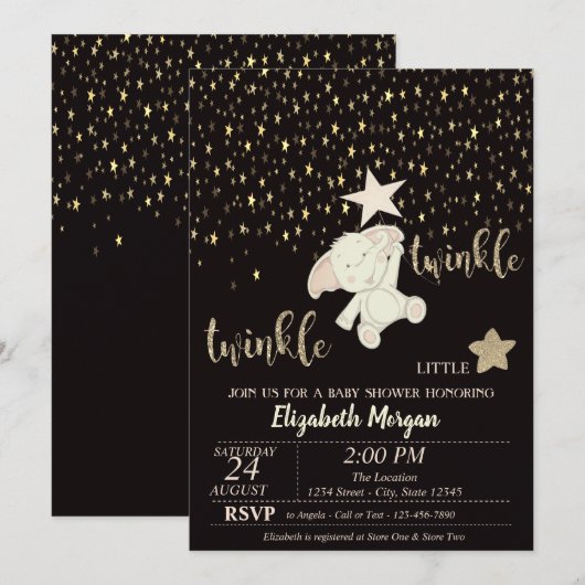Invitation Twinkle Little Star Noir, Or, Baby shower d'ours (Devant / Derrière)