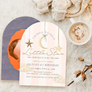 Invitation Twinkle Little Star Rayure Rose Photo 1er Annivers