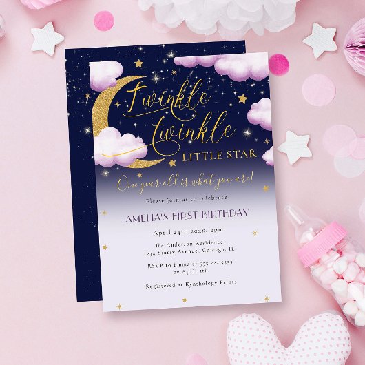 Invitation Twinkle Little Star Rose Girl Premier anniversaire
