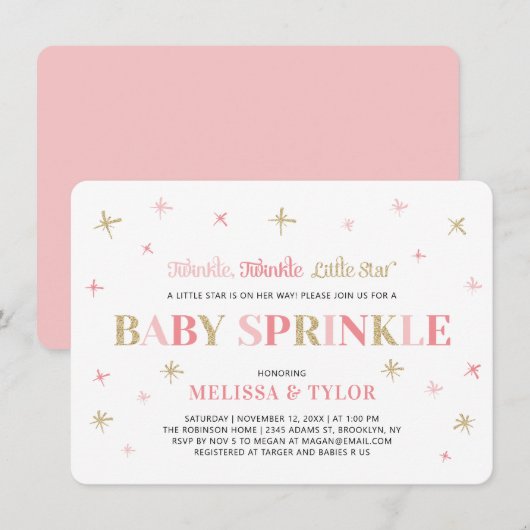 Invitation Twinkle Little Star Rose & Gold Baby Sprinkle (Devant / Derrière)