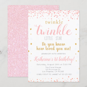 Invitation Twinkle Little Star Rose & Gold Girls 1er annivers