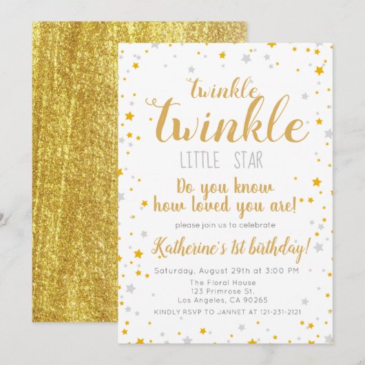 Invitation Twinkle Little Star Silver & Gold Girls Anniversai (Devant / Derrière)