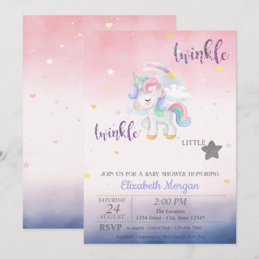 Invitation Twinkle Little Star Unicorn Baby shower (Devant / Derrière)