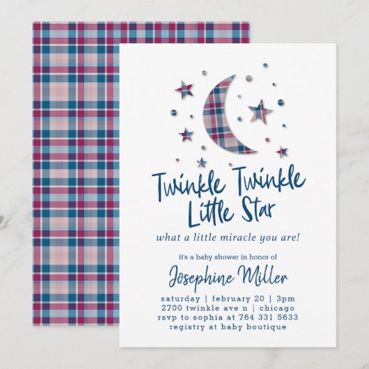 Invitation Twinkle Little Stars Plaid Baby shower (Devant / Derrière)
