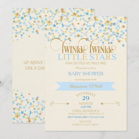 Invitation TWINkle Little Stars Twin Baby Boys Gold Blue (Devant / Derrière)
