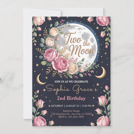 Invitation Twinkle Moon and Roses 2nd Birthday (Devant)