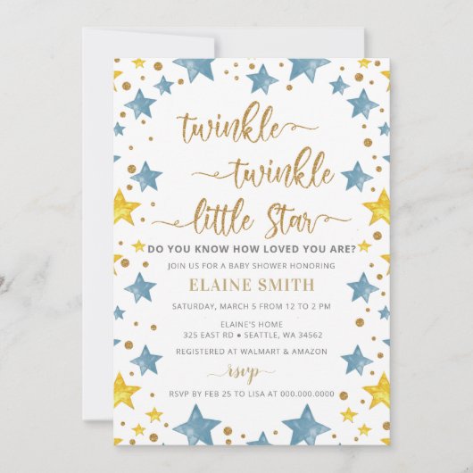 Invitation Twinkle petit Baby shower Star Gold Blue Boy (Devant)