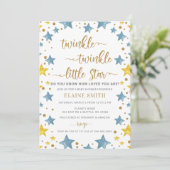 Invitation Twinkle petit Baby shower Star Gold Blue Boy (Debout devant)