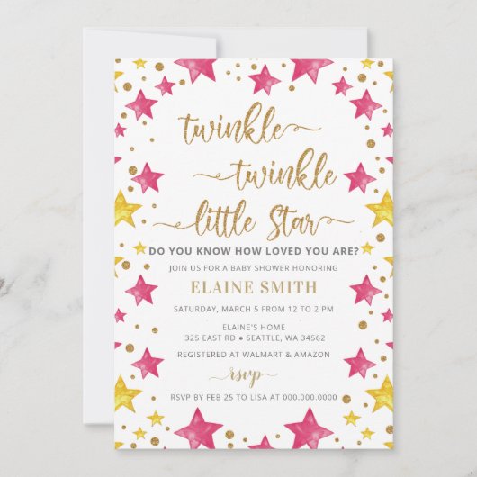Invitation Twinkle petit Baby shower Star Gold Rose fille (Devant)