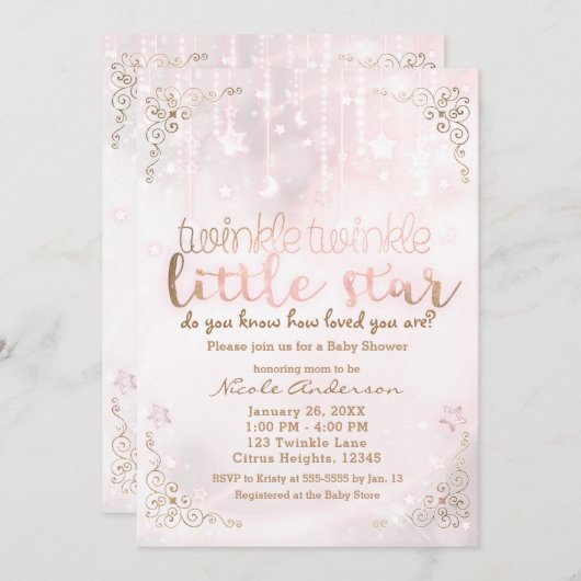 Invitation Twinkle petit Baby shower Star Pink Gold Sparkle (Devant / Derrière)