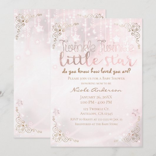 Invitation Twinkle petit Baby shower Star Pink Gold Sparkle (Devant / Derrière)